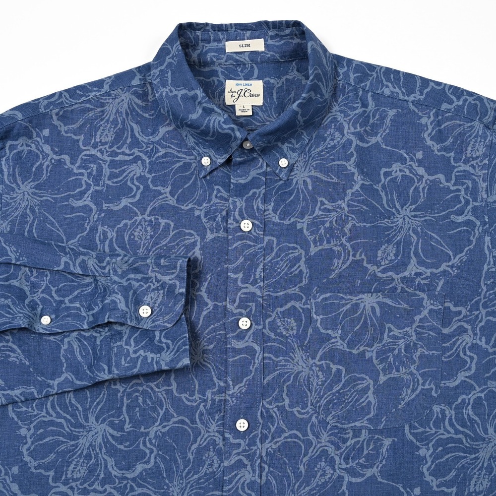 J. Crew Men's 100%‎ Linen Long Sleeve Button Blue Hawaiian Floral Shirt Slim L